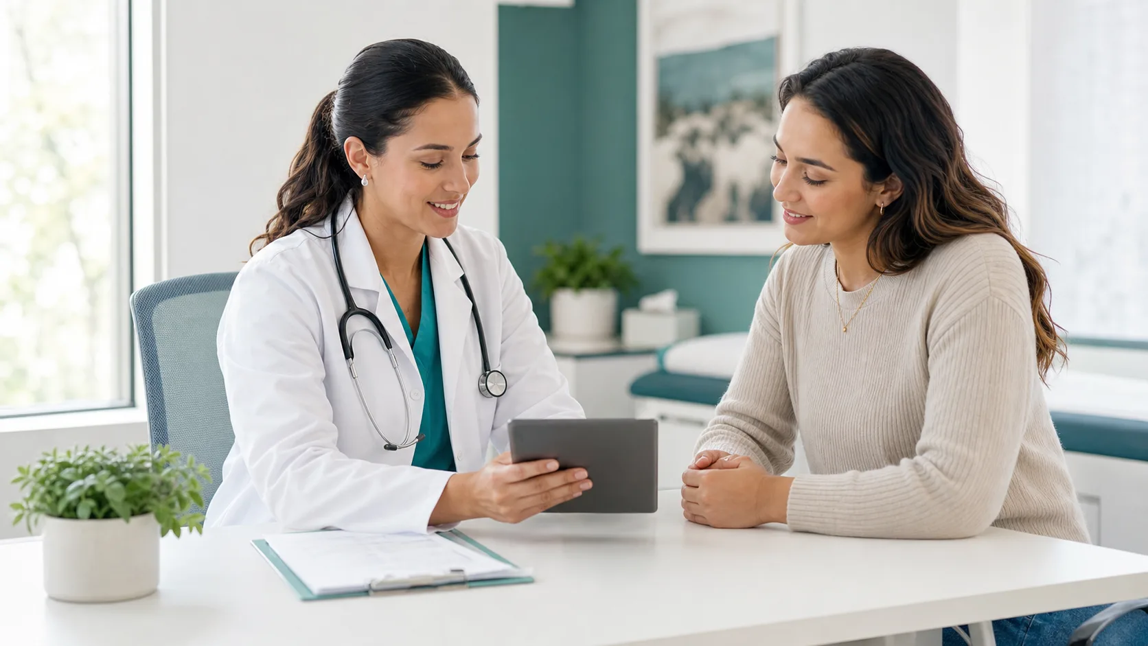 Clinician reviewing a care plan with a patient in a medical office